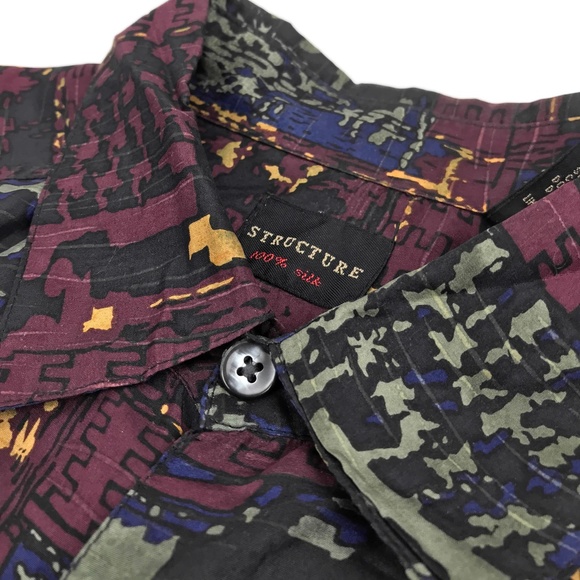 Vintage Structure Hawaiian Silk Shirt Sz L Aztec - Picture 6 of 8